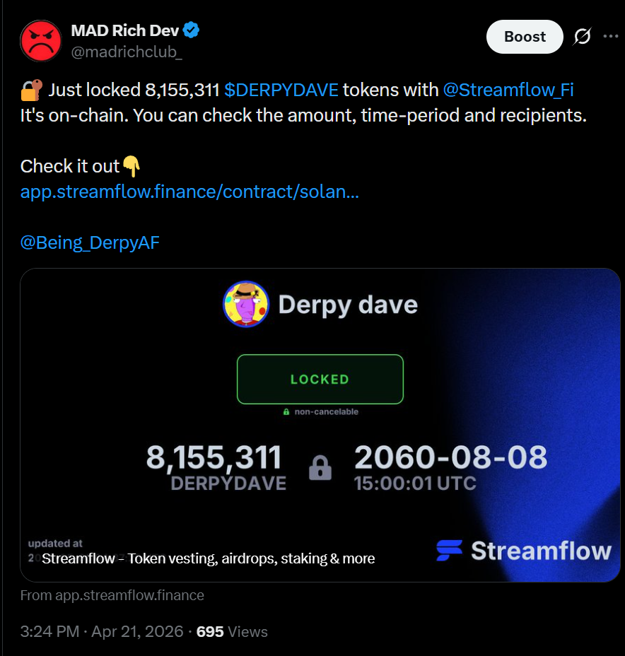 8,155,311 DERPYDAVE tokens locked via Streamflow until 2060
