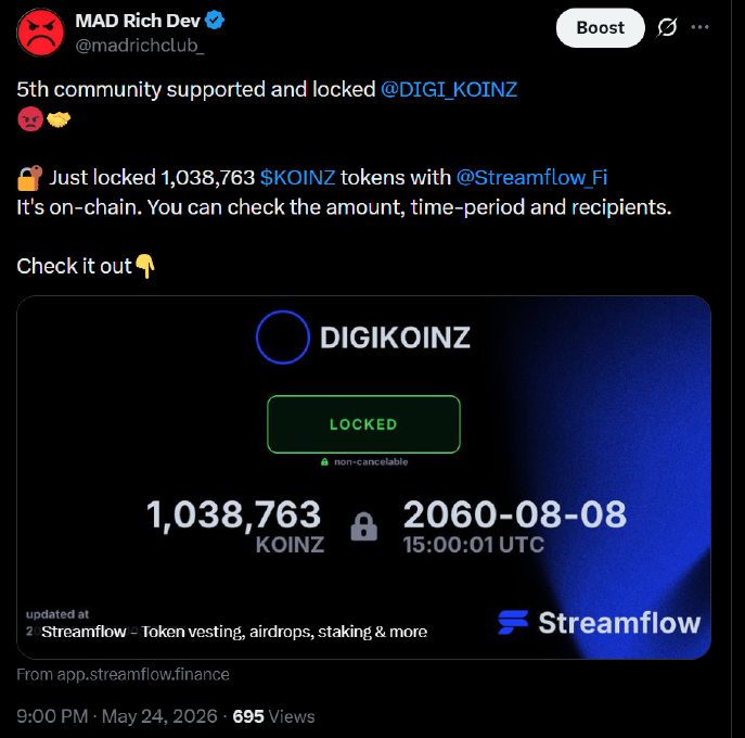 1,038,763 KOINZ tokens locked via Streamflow until 2060