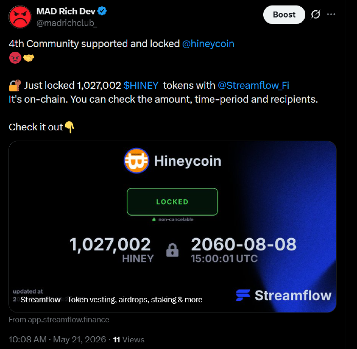 1,027,002 HINEY tokens locked via Streamflow until 2060