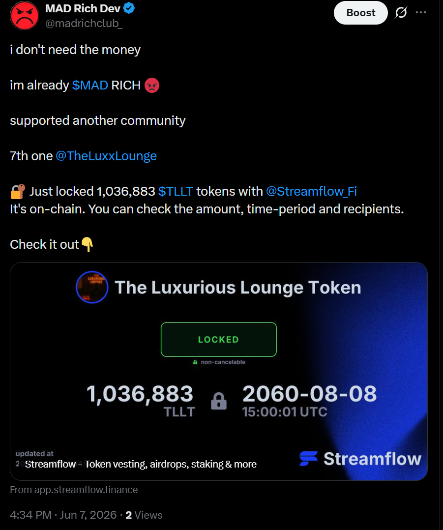 1,036,883 TLLT tokens locked via Streamflow until 2060