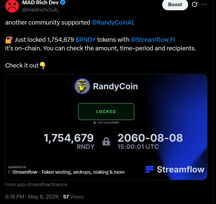 1,754,679 RNDY tokens locked via Streamflow until 2060