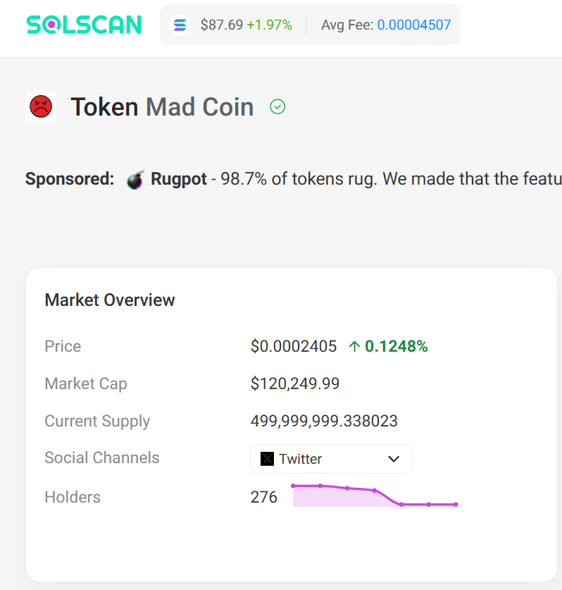 $MAD token on Solscan โ 276 holders, ~500M supply