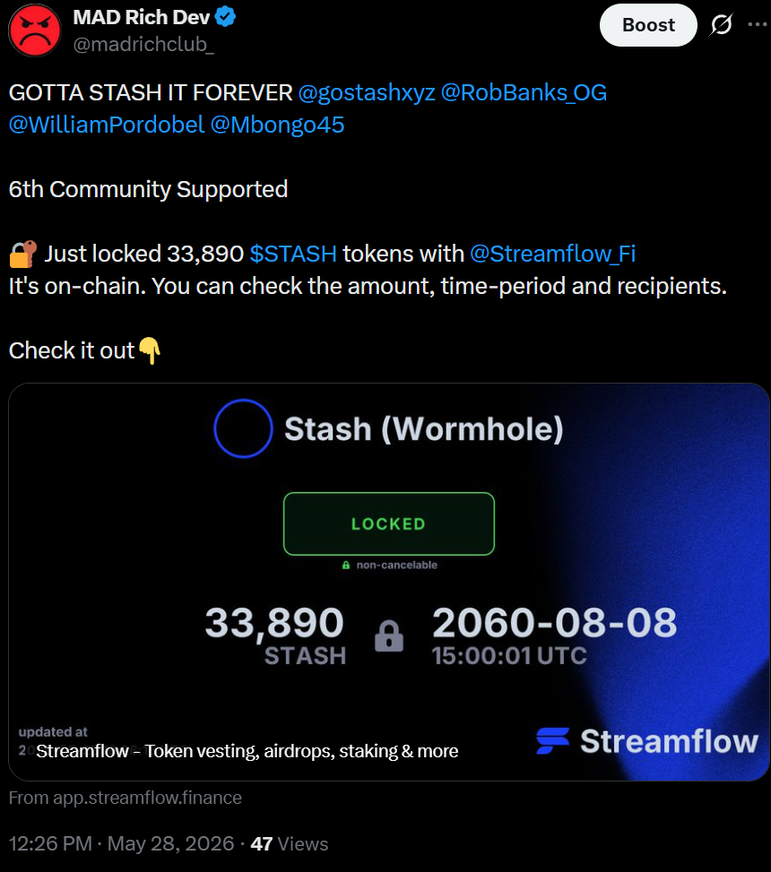 33,890 STASH tokens locked via Streamflow until 2060