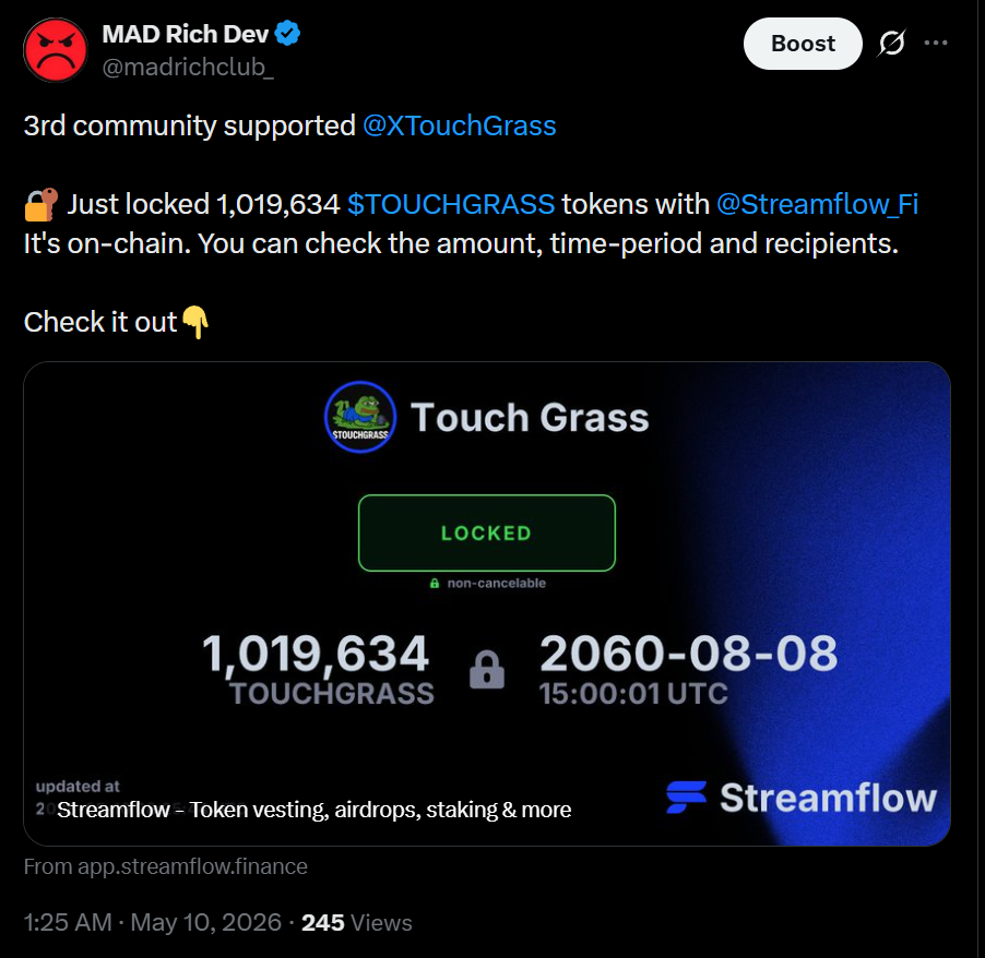 1,019,634 TOUCHGRASS tokens locked via Streamflow until 2060